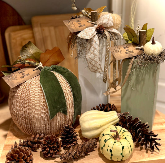 Wood Pumpkins and Knitted Covered Pumkin Set - Grace and Gratitude